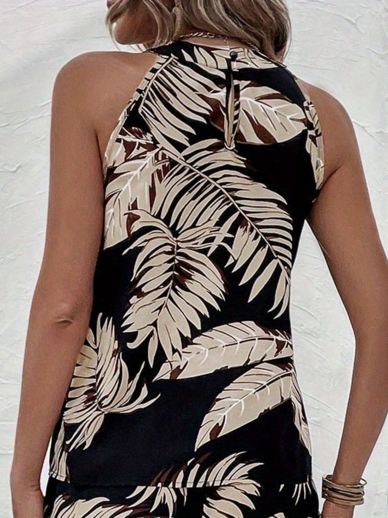 Feather Print Halter Neck Top Sleeveless Summer Casual Wear