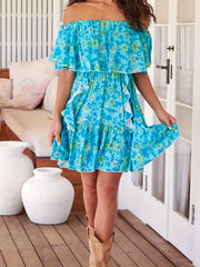 Boho Dress Women's Plus Floral Print Ruffle Trim Off Shoulder A line Mini Dress