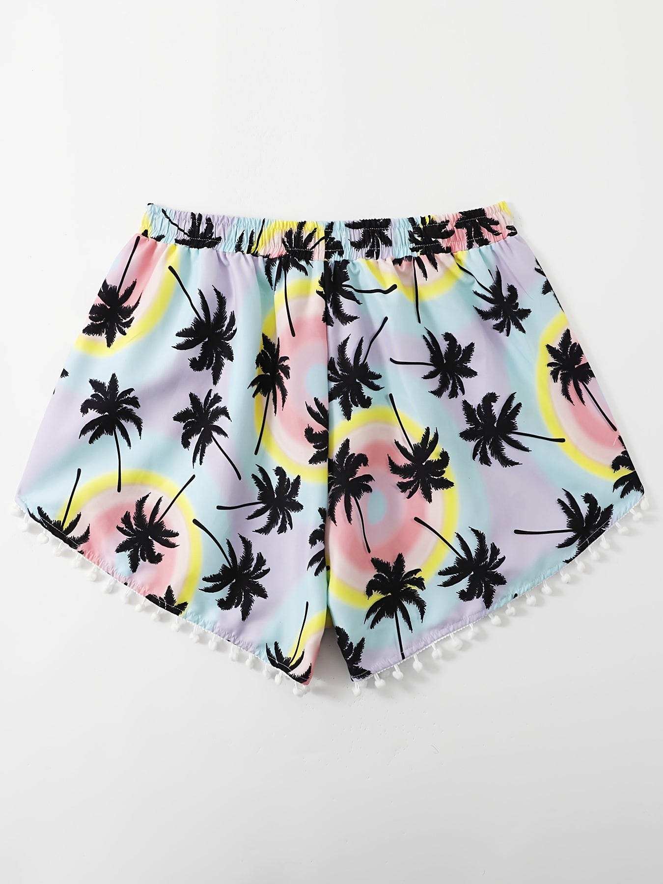 Vacay Shorts Women's Plus Pompom Trim Tree Print Drawstring Shorts