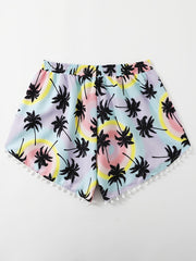 Vacay Shorts Women's Plus Pompom Trim Tree Print Drawstring Shorts