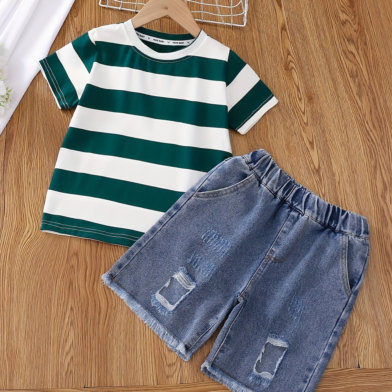 2pcs Boys Block Striped Tee & Short Jeans Set Summer Kids Outfits