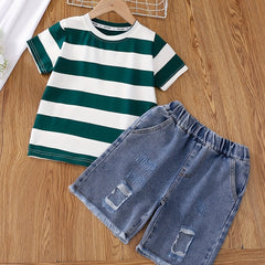 2pcs Boys Block Striped Tee & Short Jeans Set Summer Kids Outfits