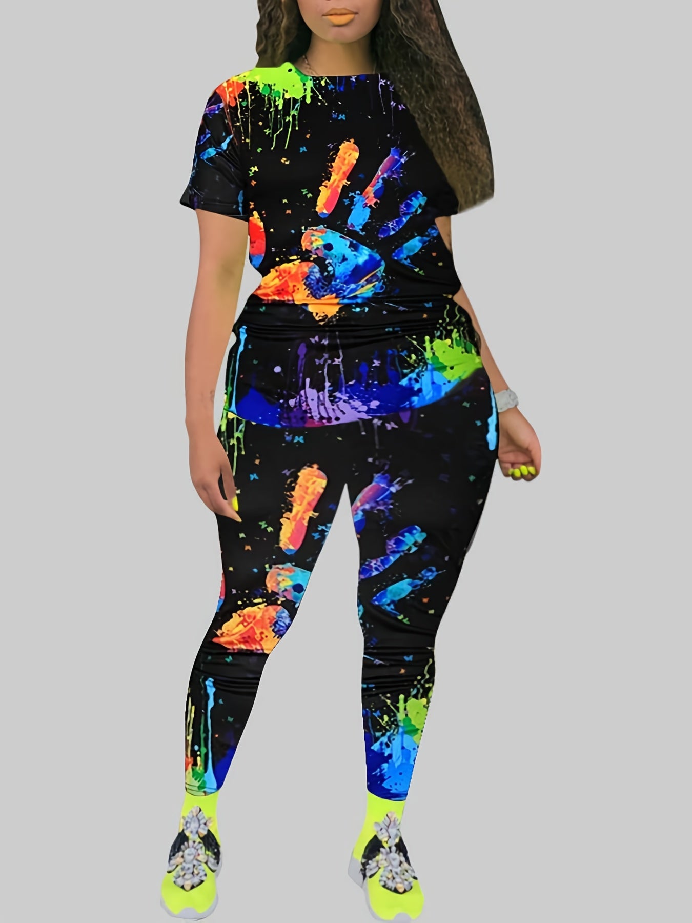 Women's Plus Splash & Hand Print Top & Leggings Set