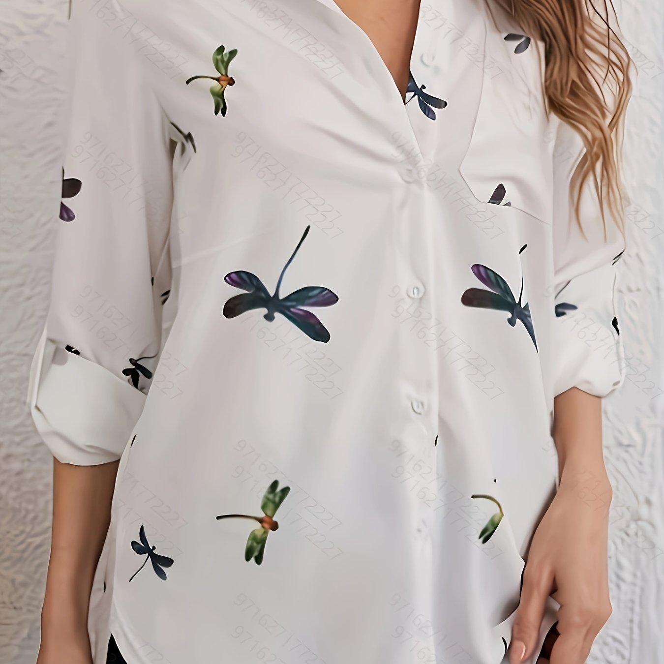 Dragonfly Print Button Up Roll Up Sleeve Blouse