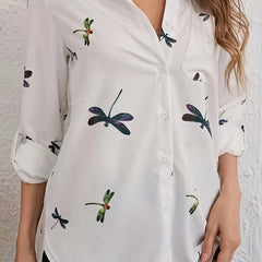 Dragonfly Print Button Up Roll Up Sleeve Blouse