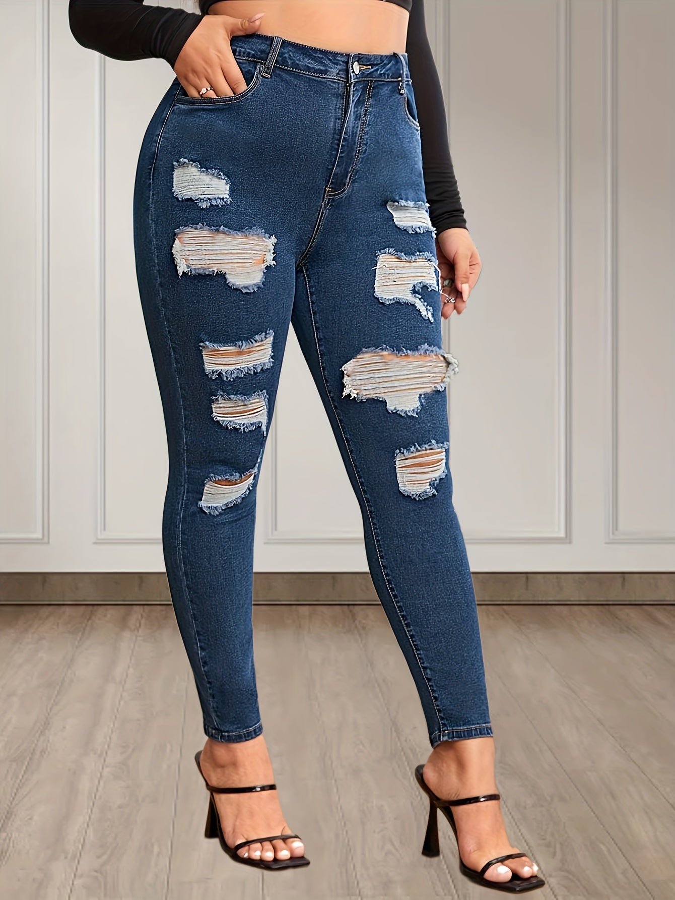 Solid Ripped High Rise Stretch Jeans