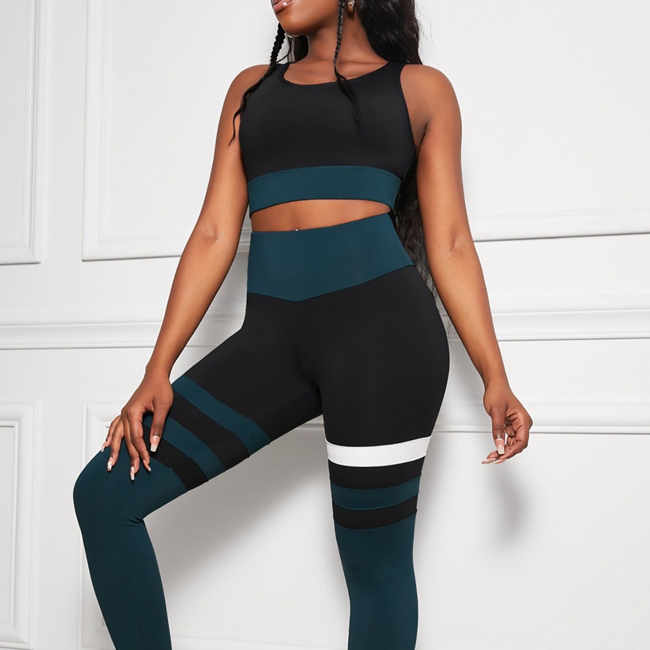 Striped 2pc Workout Set Crop Sports Bra & Leggings