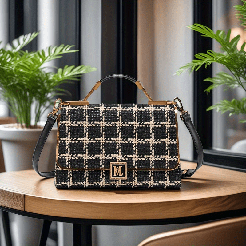 Houndstooth Split Leather Top Handle Shoulder Bag