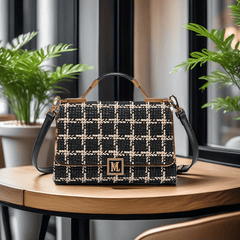 Houndstooth Split Leather Top Handle Shoulder Bag