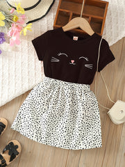 2pcs Toddler Girls Cat Graphic T Shirt & Skirt Set