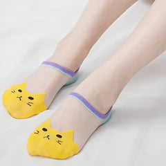 5 Pairs Cat Print Mesh Socks Invisible Ankle Stockings Women's Hosiery