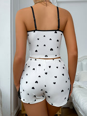 Heart Print Pajama Set Lace Trim V Neck Cami Top & Elastic Waistband Shorts
