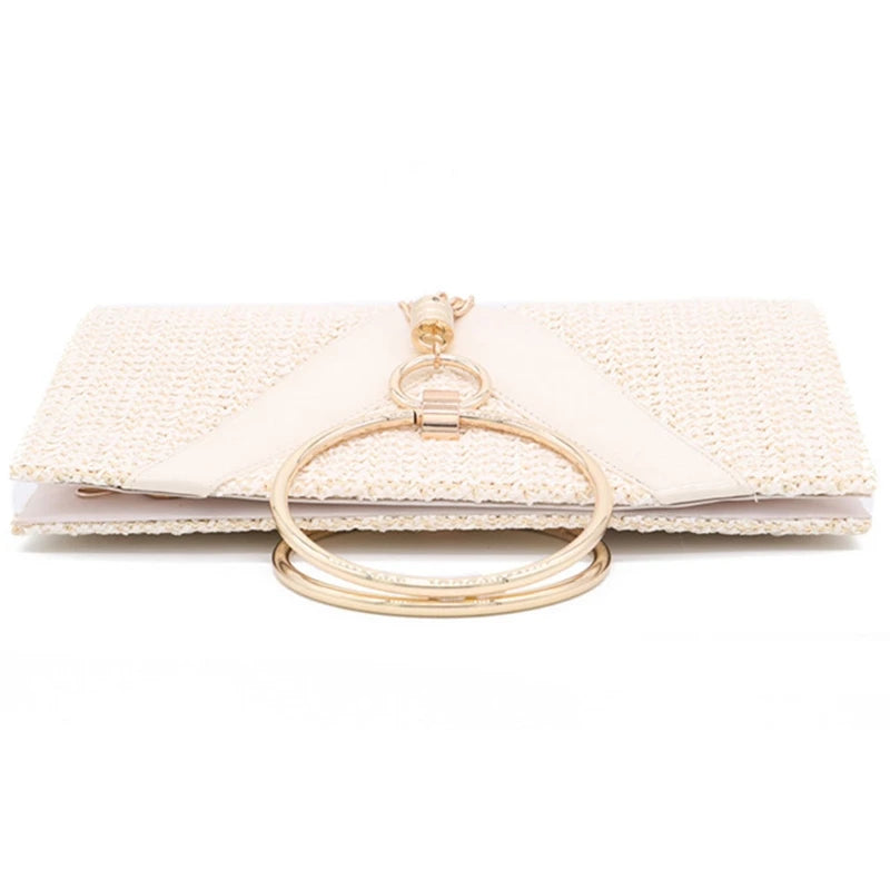 Retro Straw Clutch Bag with Tassel Handle, Crossbody Party Purse