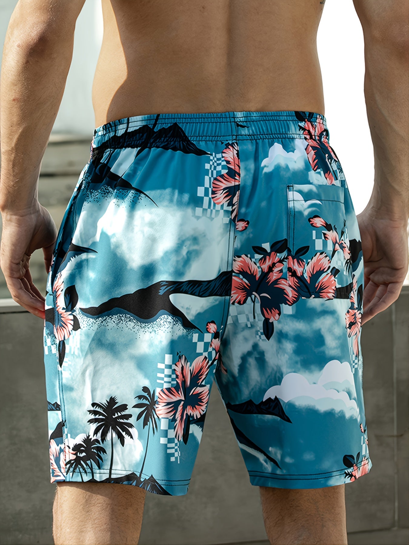 Men's Hawaiian Style Quick Drying Swim Shorts with Flower Print