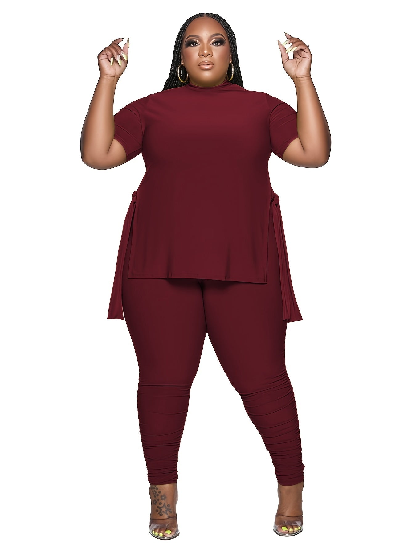 Solid Slit High Neck Short Sleeve Tops & Pants Set
