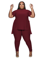 Solid Slit High Neck Short Sleeve Tops & Pants Set