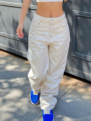 High Waist Straight Jeans Loose Fit Slash Pockets