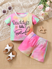 2pc Toddler Girls Tie Dye T-Shirts Heart/Letter Graphic Round Neck Shorts Set