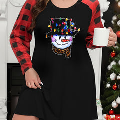 Xmas Lounge Dress Women's Plus Snowman & Lights Plaid Raglan Sleeve