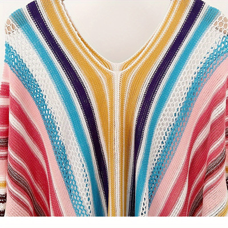 Vintage Hollow Out Stripe Shawl Boho Tassel Wrap Classic Thin Breathable Cardi