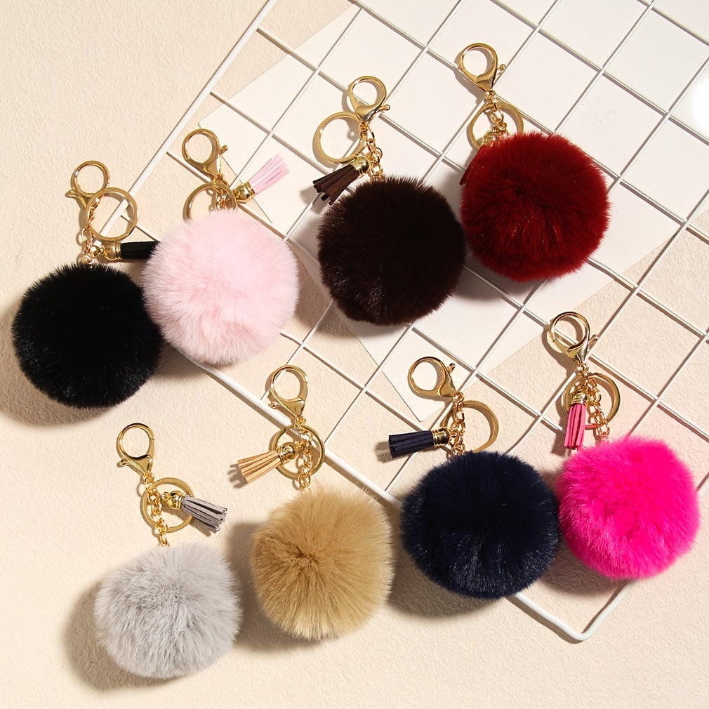 Fluffy Pom Pom Keychains Faux Rabbit Fur Pompom Silver Keyring Accessories