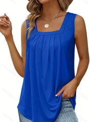 Casual Tank Top Women's Plus Solid Square Neck Pleated Tank