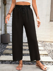 Solid Pocket Straight Leg Pants Tie Waist Casual
