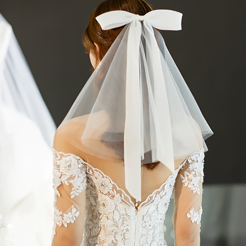Bridal Tulle Wedding Dress Ladies Veil Bow Tie Hairpin