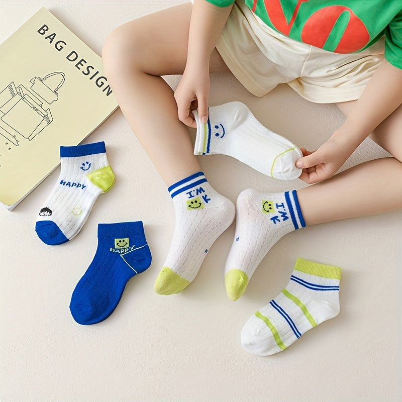 5 Pairs Kids Cartoon Smile Face Boat Socks, Breathable Cotton Short Socks