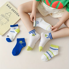 5 Pairs Kids Cartoon Smile Face Boat Socks, Breathable Cotton Short Socks