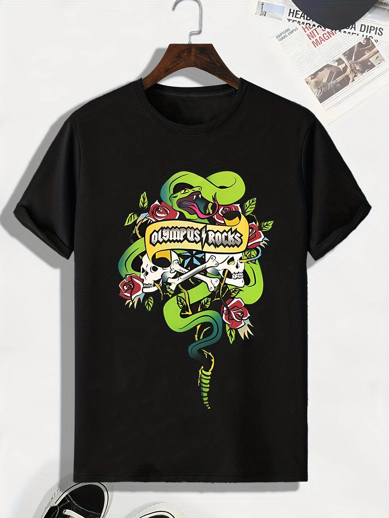 Men's Skull & Snake Print Tee Stretch Breathable Outdoor T-shirt
