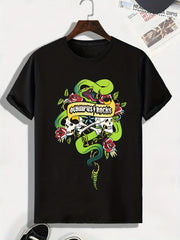Men's Skull & Snake Print Tee Stretch Breathable Outdoor T-shirt