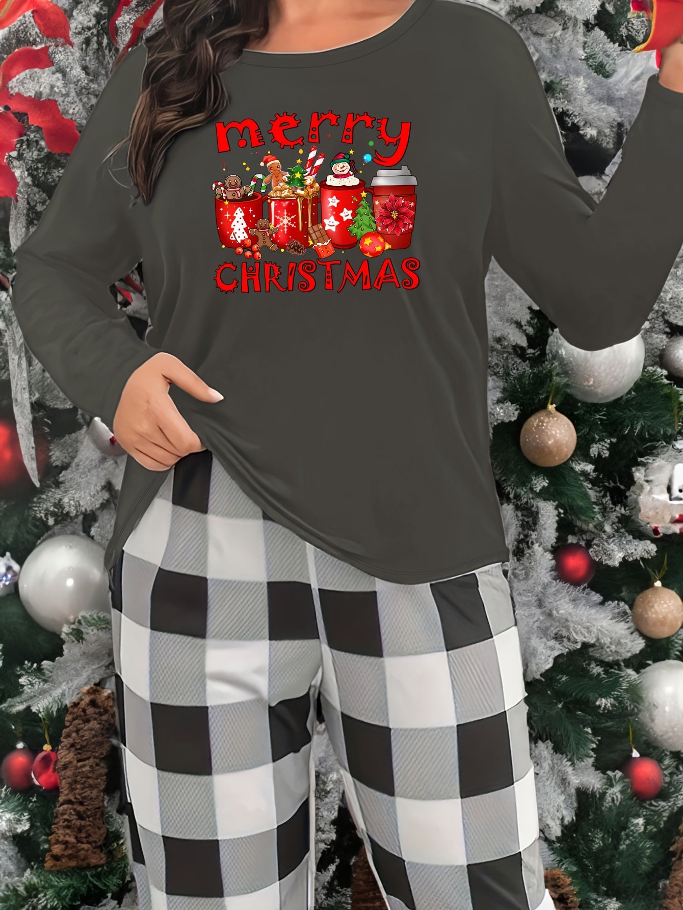 Christmas Print Lounge Top Long Sleeve Crew Neck Women's Loungewear