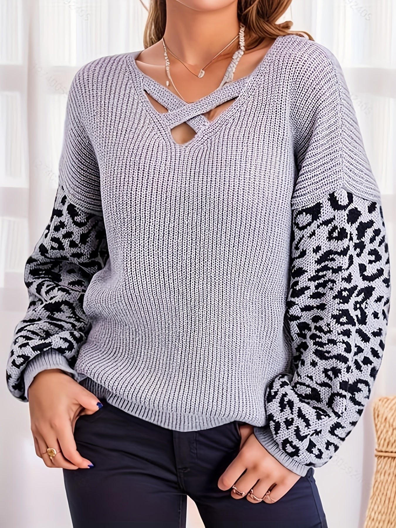 Leopard Print V Neck Pullover Sweater