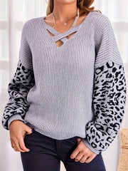 Leopard Print V Neck Pullover Sweater