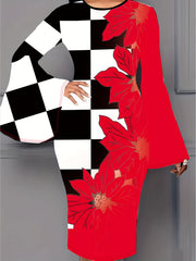 Casual Dress Colorblock Grid & Leaf Print Bell Sleeve