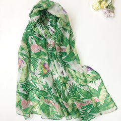 Green Leaves Print Voile Scarf Boho Thin Casual Shawl Women Wrap
