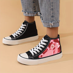 Girl's High Top Love Heart Pattern Skate Shoes Non Slip Casual Lace Up Sneakers