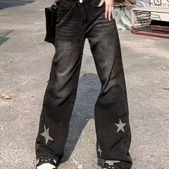 High Rise Straight Leg Jeans Dark Grey Y2K Style Denim Pants