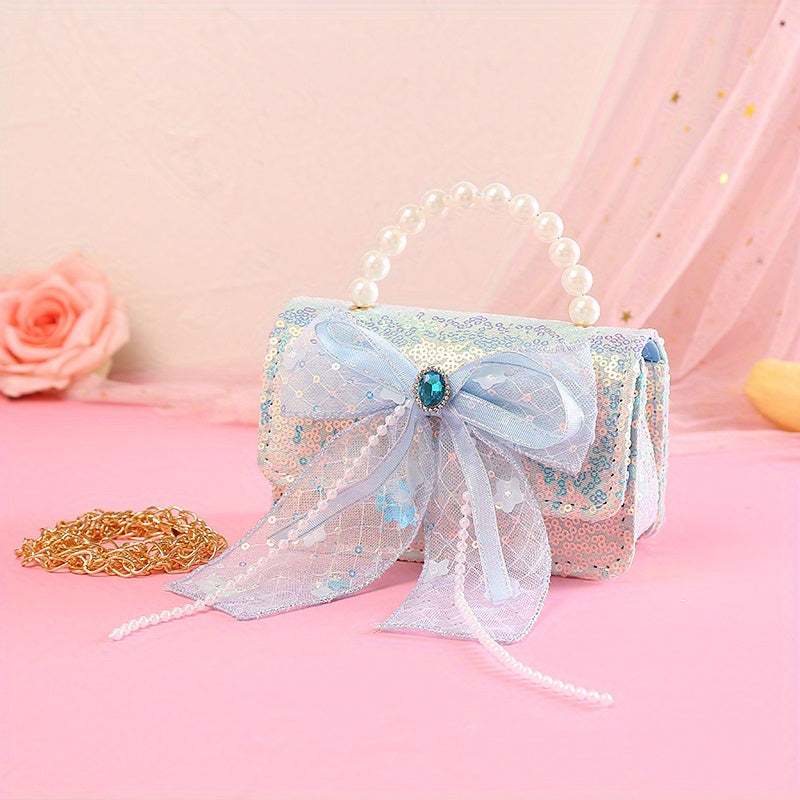 Sweet Princess Girls Bow Diamond Handbag with Pearl Handle