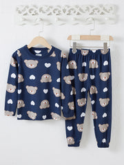 Heart Bear Print Baby Pajamas Set Top & Pants Crew Neck Long Sleeve Cotton