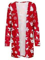 Christmas Cardigan Women's Plus Snowflake & Bell Print Long Sleeve