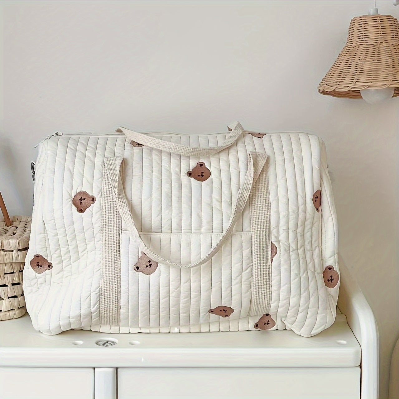 Quilted Parent Bag with Bear Embroidery Durable Polyester Lightweight Duffel