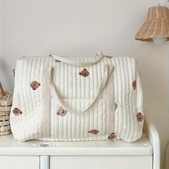 Quilted Parent Bag with Bear Embroidery Durable Polyester Lightweight Duffel