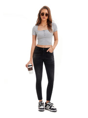 Plus Solid High Rise Button Fly High Stretch Skinny Jeans