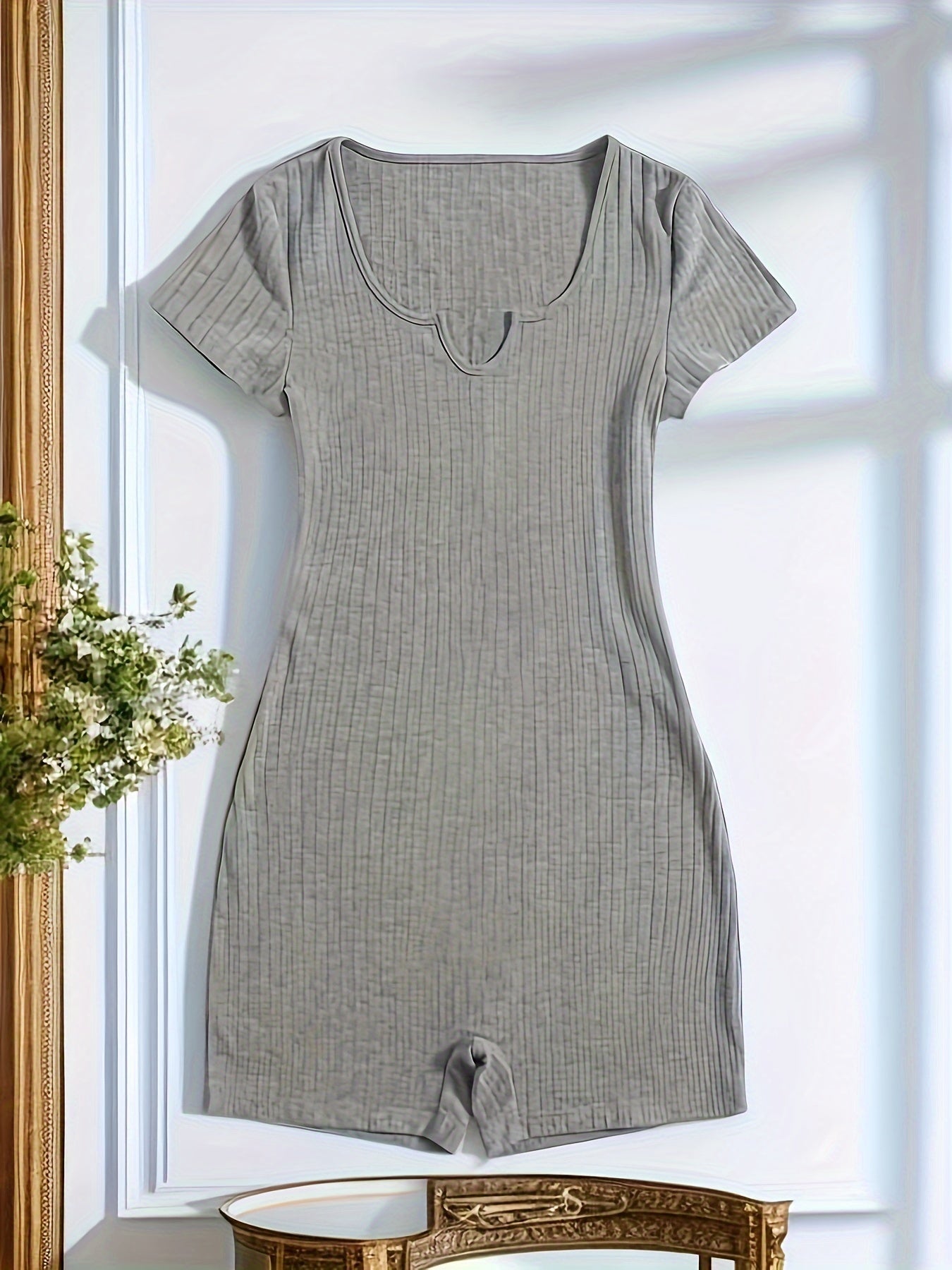Ribbed Pajama Romper Short Sleeve V Neck Pajamas Women's Lingerie