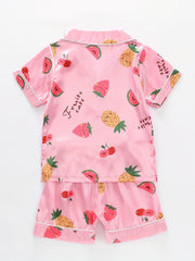 2pc Kid's Fruit Pattern Satin Pajamas Set Comfy PJ Girl's Loungewear