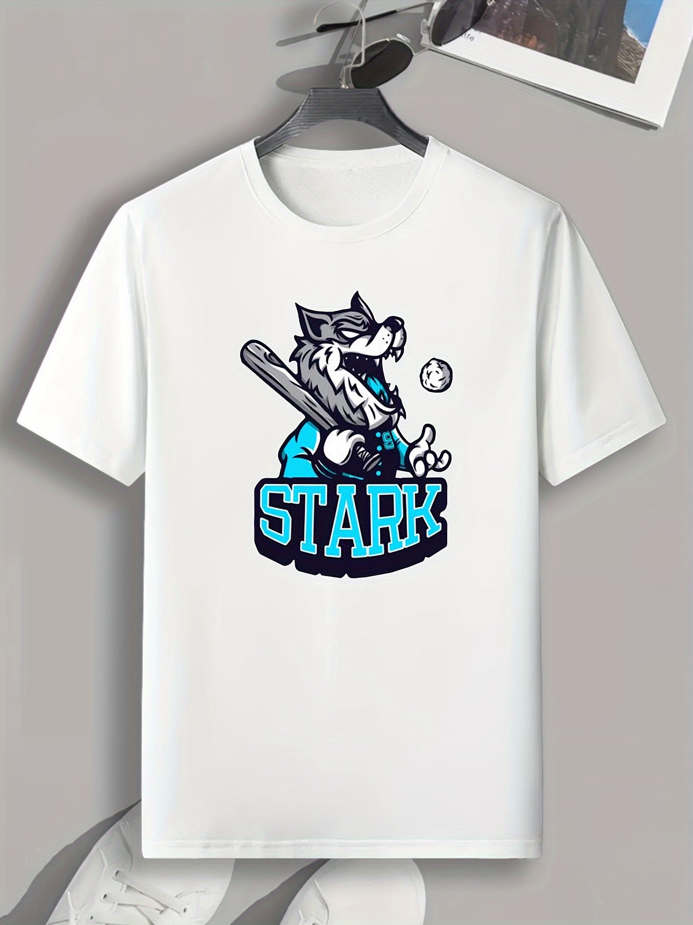 Wolf & Baseball Pattern Print Men's Comfy Sports T shirt