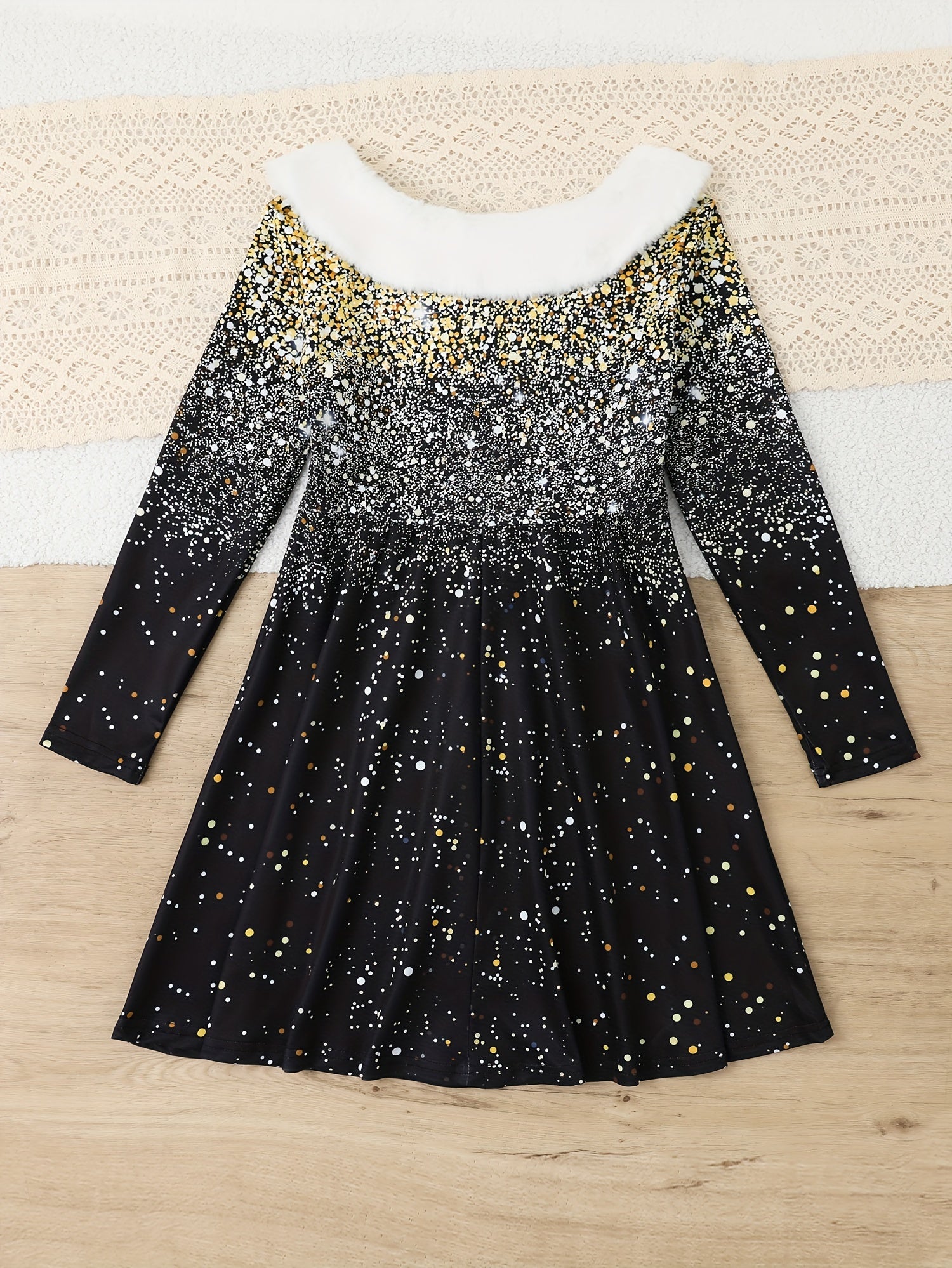 Girls Bow Christmas Tree Graphic Long Sleeve Dress