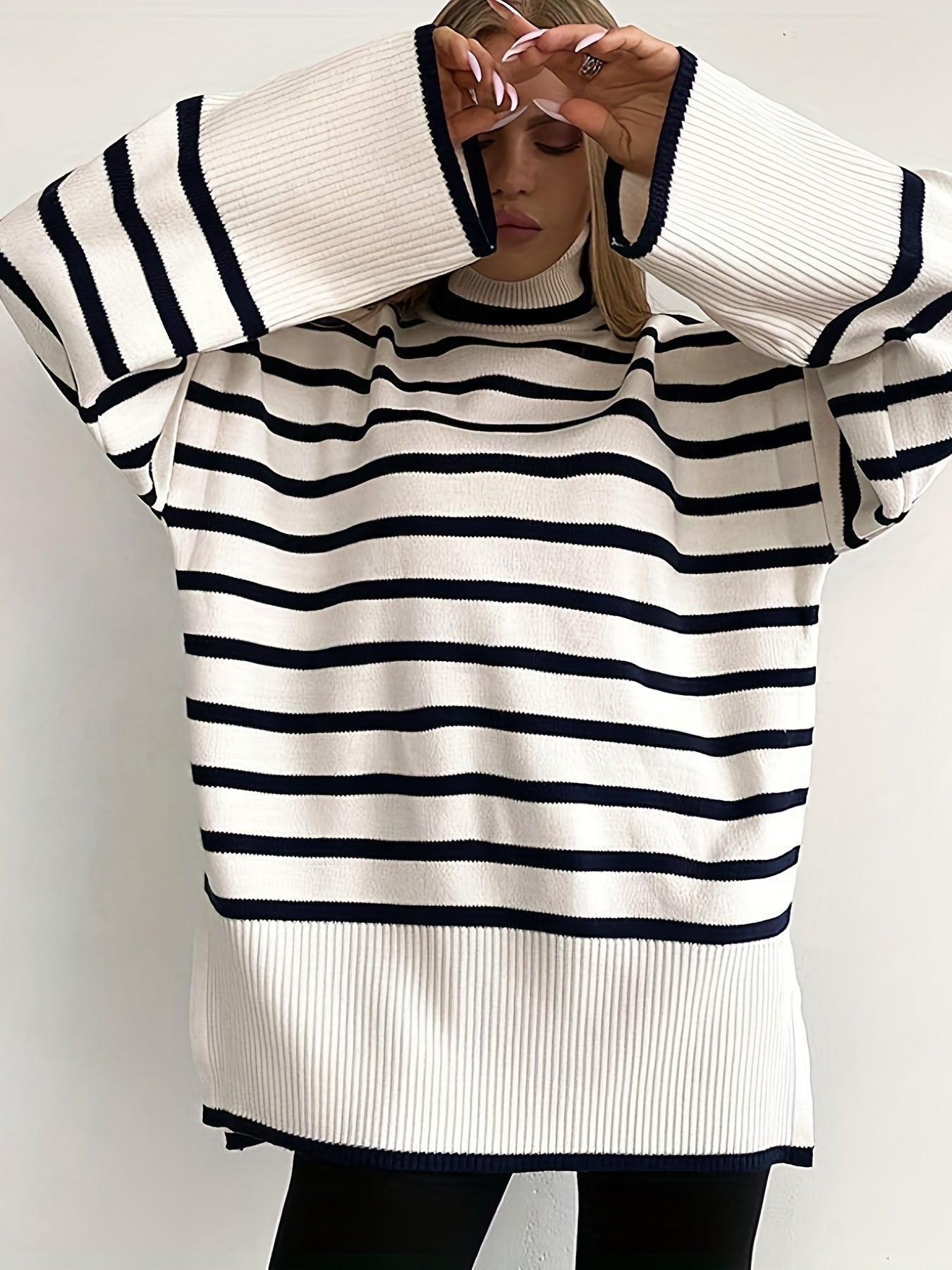 Stripe Print Long Sleeve High Neck Sweater